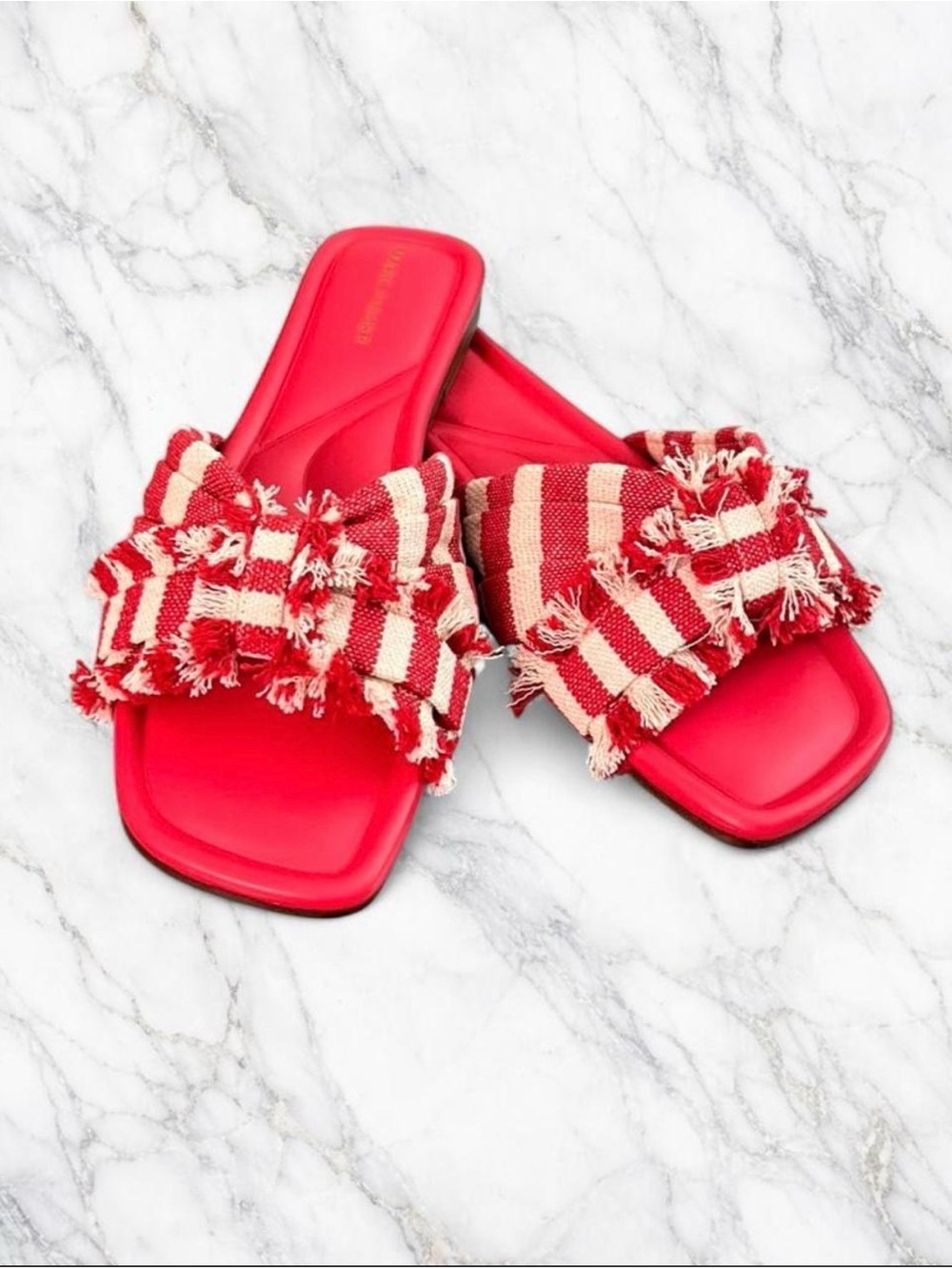 Marc Fisher Red and Cream Frayed Bow Slide Sandals